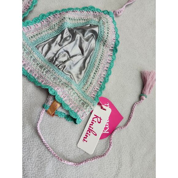 New Rinikini Bikini Top Small Crochet Metallic Teal Blue Silver Tassle - Picture 4 of 9